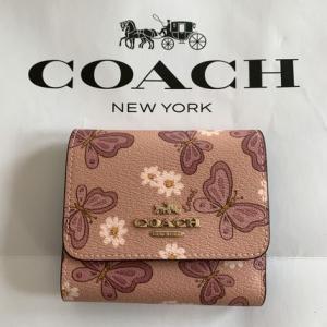 コーチ  COACH  バタフライプリント ミニ財布 二つ折り財布  蝶々柄 ピンク系