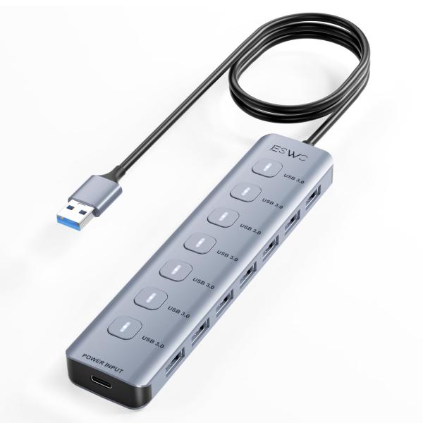 JESWO USBハブ USB3.0 HUB 7ポート 100cmケーブル 独立スイッチ USB3....