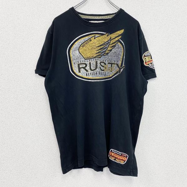 RUSTY　半袖プリントTシャツ　レトロデザイン　クルーネック　ロゴ刺繍　黒　ブラック　XXLサイズ...