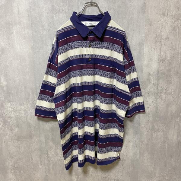 古着 used　Classics　半袖総柄ポロシャツ　ボーダー柄　マルチカラー　ビッグシルエット　オ...