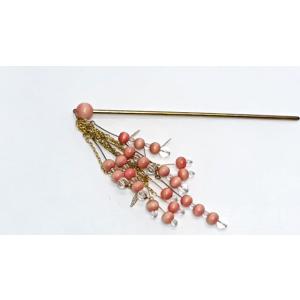 自然色の染珠のかんざし 7632現品のみ 紅花染珠と水晶をいっぱい垂らしたかんざし｜turfan