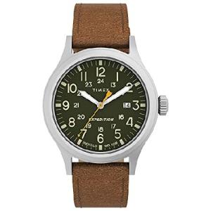 (タイメックス) Timex 腕時計 エクスペディションスカウト メンズ 40mm シルバートーンのケースとグリーンの文字盤 ブラウンレザーストラップ, Size 40並行輸入