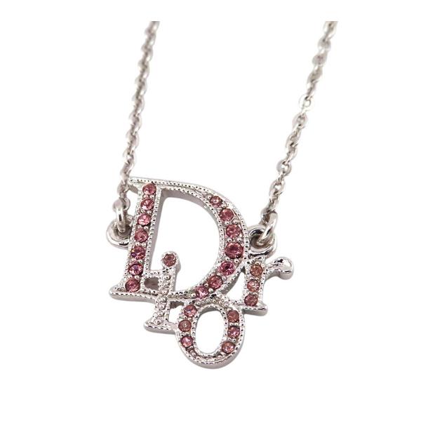 ディオール DIOR ロゴ ラインストーン ネックレス ユニセックス シルバーカラー ピンク Dio...