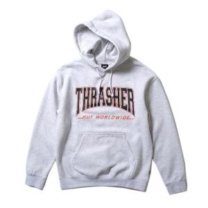 ハフ HUF スラッシャー THRASHER コラボ パーカー プルオーバーフーディ メンズ レディース BAYVIEW P/O HOODIE PF00563 ATHLETIC HEATHER グレー｜tutto-brand