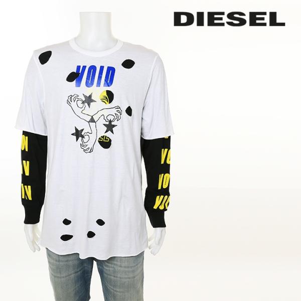 ディーゼル DIESEL 長袖Tシャツ カットソー メンズ グラフィックプリント 穴あき レイヤード...