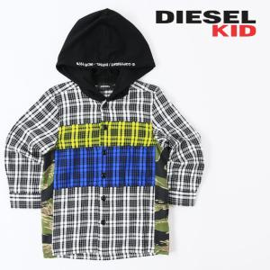 ディーゼルキッズ DIESEL KID 長袖フード付きシャツ ジュニア ボーイ チェック柄 カモフラ切替 子ども服 男の子 CARSEN OVER｜tutto-tutto