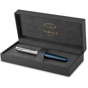 高級文房具 PARKER パーカー公式 ソネット プレミアム 万年筆 F 細字 高級 ブランド ギフト ペン先 18金 メタル&ブルーCT 211979｜tvilbidvirk3