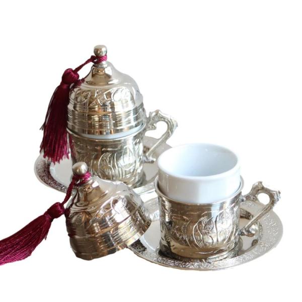 トルココーヒーカップ＆ソーサー銅製カバー付２客セット (シルバー)