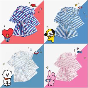 BTSグッズ 夏用 パジャマ ルームウェア 短袖短ズボン 薄手 韓国 レディース セットアップ 夏 春 秋 ビーティー21 防弾少年団 BT21 ストライプ 人気カップル