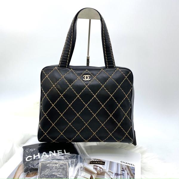 CHANEL シャネル ラムスキン ワイルドステッチ トートバッグ ポーチ付き 黒 レディース ヴィ...