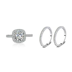 3 Pieces Stackable Bridal Ring Set Accented Halo E...