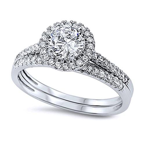 Double Accent Sterling Silver Round CZ Stone Halo ...