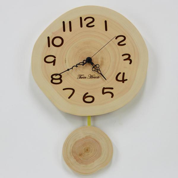 ツインハーツ 年輪時計 桧(ひのき) 木製振子 [約28cmサイズ] 電波掛時計 丸文字