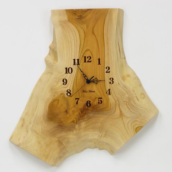 ツインハーツ 木製 電波時計 無垢板 欅(けやき)無垢板 [40cmサイズ］ No.2349