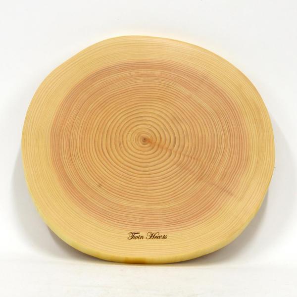 ツインハーツ【桧】年輪 天然一枚板 まな板、料理プレート  (直径 26cm) きれいAA