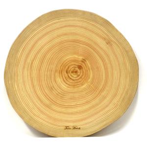 希少【縁起物】天然年輪 一枚板 ツインハーツ【桧】年輪 天然一枚板 まな板、料理プレート (直径 28cm