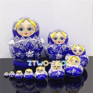 マトリョーシカ ロシア民芸品 手作り人形 手描き 10個組14cm 青 ブルー 洋風 プレゼント 北欧雑貨 伝統工芸飾り ハロウィン クリスマス｜ty1-st