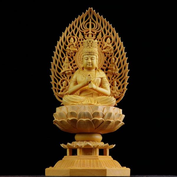 大日如来 真言宗 仏像 仏壇仏像 木彫り 柘植の木 飛天光背 蓮華台座 未年・申年 守り本尊（高さ1...
