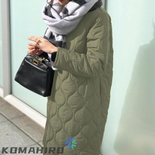 キルティング コート 中綿 ロング ジャケット ダウン風コート レディース 秋 冬 薄手 ノーカラー...