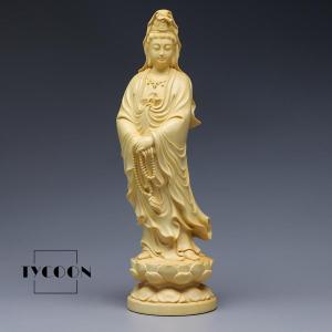 観音様 観世音菩薩立像　極上彫り　高級天然ツゲ 木彫り　観音仏像 12cm