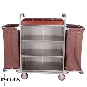 ホテルリネンカート ランドリーカート 多目的クリーニングトロリー 業務用ダストカート ホテル清掃台車 2つの大容量防水収納袋、3つのトレイ