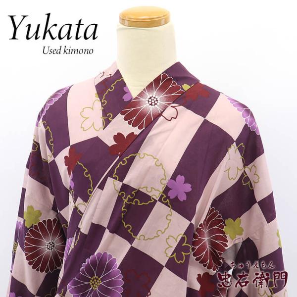 中古 新古品 浴衣 ゆかた 大きいサイズ 4L レディース 女浴衣 綿 紫 市松柄 雪輪 菊 和モダ...