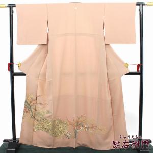 色留袖 アンティーク 袷 バチ衿 薄茶色xクリーム色x緑色x花々模様 