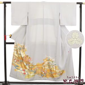 色留袖 身丈154cm 裄丈62.5cm S 袷 草花 蝶 金糸 金彩 鼠色 正絹 美品  