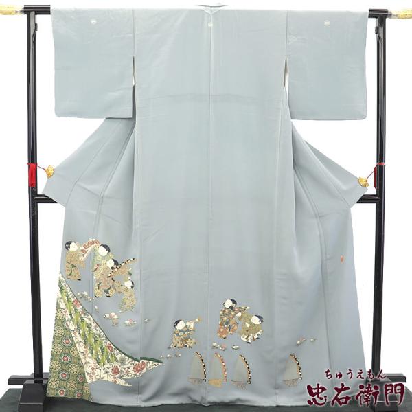 中古 色留袖 三つ紋 丸に根笹 袷 正絹 灰水色 童子 楽器 落款 身丈171cm 裄丈66cm 結...