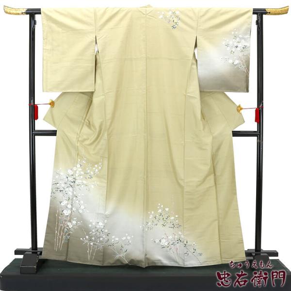 中古  忠右衛門 白山紬 訪問着 リサイクル カジュアル 着物 正絹 レディース 袷 証紙 グリーン...