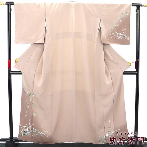 中古 訪問着 一つ紋 五三の桐 袷 正絹 薄茶 草木柄 上品 身丈163cm 裄丈66cm フォーマ...