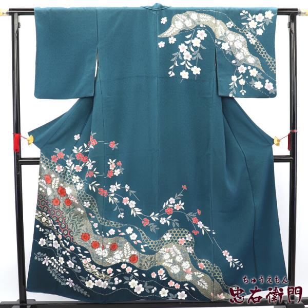 中古 訪問着 袷 正絹 青緑 辻が花 道長取り 身丈157.5cm 裄丈64cm パーティ 華やか ...