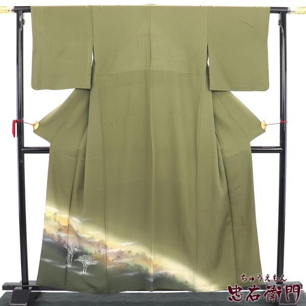 中古 付下げ 附下 付け下げ レディース 正絹 抹茶色 木立 風景柄 胴抜き仕立て 身丈161.5c...