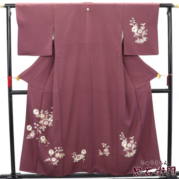 中古 付下げ 一つ紋 剣片喰 袷 正絹 灰紫 辻が花 身丈158cm 裄丈64.5cm フォーマル ...