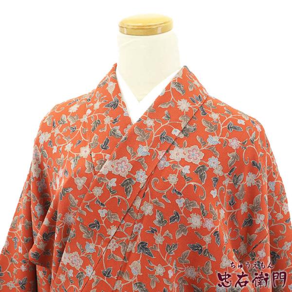 中古 小紋 小紋着物 レディース 正絹 赤 唐花 忍冬文 身丈163cm 裄丈64cm 仕立て上がり...