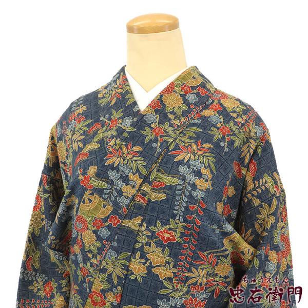 中古 小紋 袷 レディース 正絹 紺 花車 身丈161cm 裄丈64.5cm カジュアル Mサイズ ...