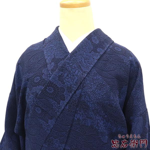 中古 小紋 袷 レディース 正絹 藍色 波文 菊 椿 身丈156.5cm 裄丈65cm カジュアル ...