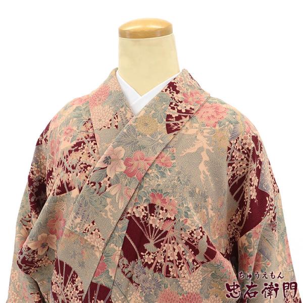 中古 小紋 袷 レディース 正絹 臙脂 縮緬 扇 花 鳥 身丈165cm 裄丈63cm カジュアル ...