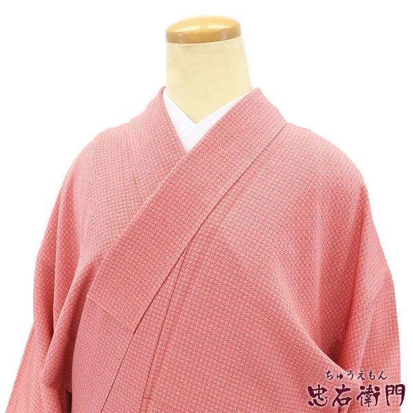 中古 小紋 袷 レディース 正絹 桃 菱 身丈163.5cm 裄丈65cm カジュアル M〜Lサイズ...