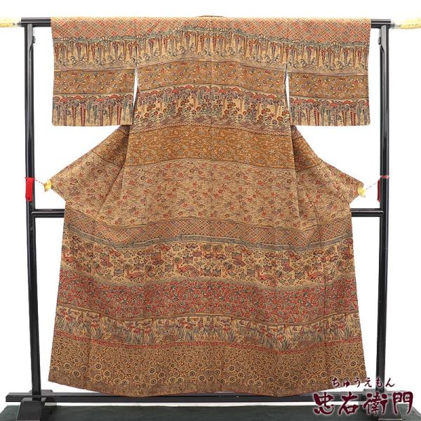 中古 付下げ 小紋 袷 レディース 正絹 茶色 型染 身丈159cm 裄丈66cm カジュアル Mサ...