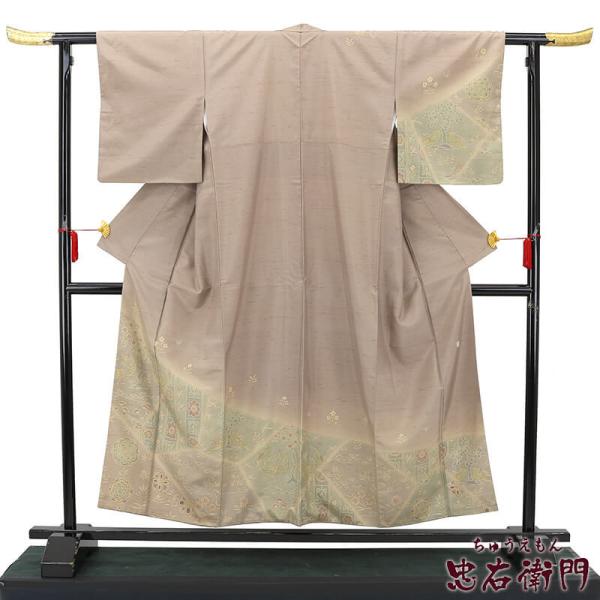 中古  忠右衛門 牛首紬 付下げ 白山工房 リサイクル カジュアル 着物 正絹 レディース 袷 落款...