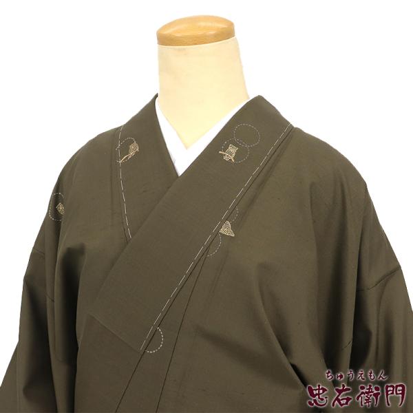 中古 紬 袷 レディース 正絹 カーキ フクロウ 身丈158cm 裄丈64cm カジュアル Mサイズ...