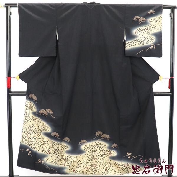 中古 染め紬 付下げ 袷 正絹 黒 辻が花 身丈156cm 裄丈64cm カジュアル Mサイズ相当 ...