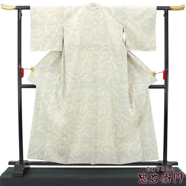 中古  忠右衛門 本場結城紬 リサイクル カジュアル 着物 正絹 レディース 袷 証紙 ホワイト 唐...