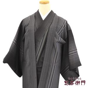 紬 着物 アンサンブル 羽織付 格子模様 袷 広衿 紺色x赤色 正絹