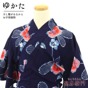 中古 浴衣 ゆかた 女の子 綿 紺 花柄 身丈141cm 裄丈60cm 夏祭り 花火 リメイク 子供用 リサイクル着物 リユース着物 中古着物 即日発送