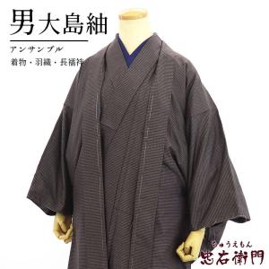 大島紬 正絹 身丈141cm M 裄66cm アンサンブル 男性 羽織 セット 黒色 
