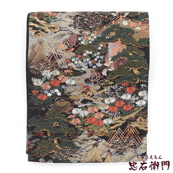 中古 袋帯 正絹 六通柄 黒 伝統文様 御所車 四季の花 長さ433cm 幅31cm リサイクル 和...