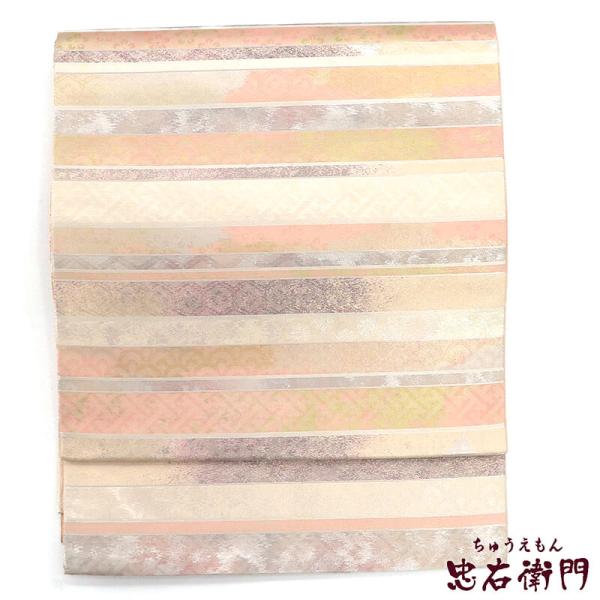 中古 袋帯 礼装用 正絹 六通柄 ピンク パステルカラー 横段 清楚 長さ449cm 幅31cm 仕...
