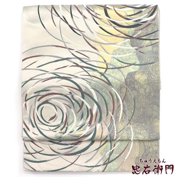 中古 袋帯 礼装用 正絹 六通柄 銀 道長取り 渦巻き 長さ443cm 幅31cm 仕立て上がりリサ...